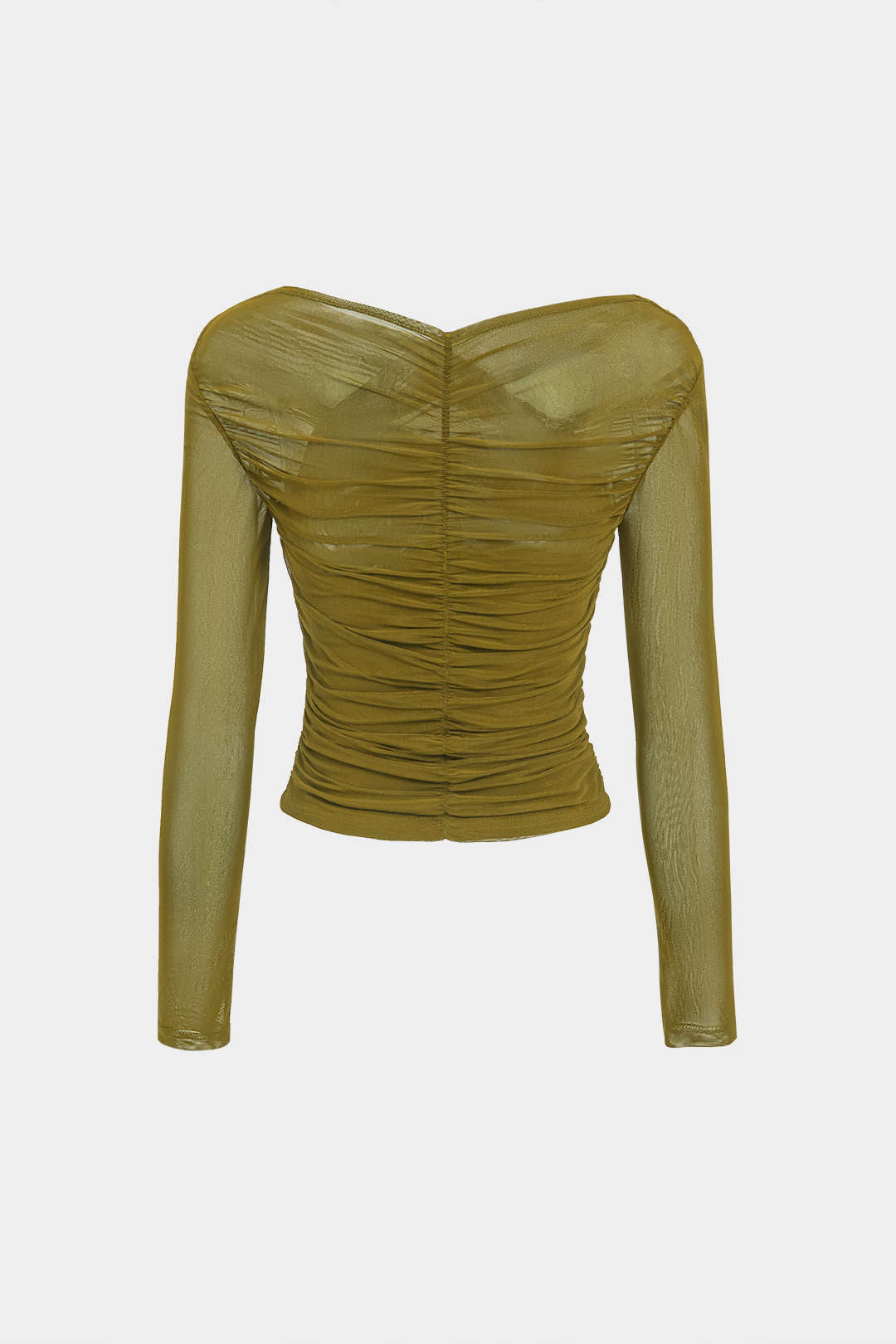 Solid Sheer Mesh Ruched Long-Sleeve Top