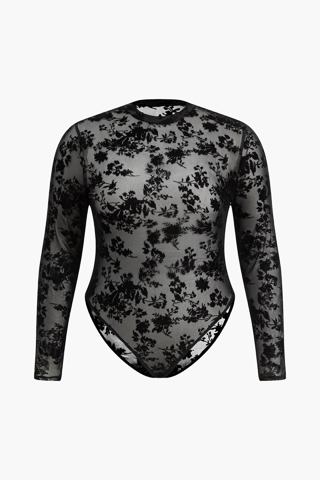 Plus Size Floral Mesh Long Sleeve Bodysuit