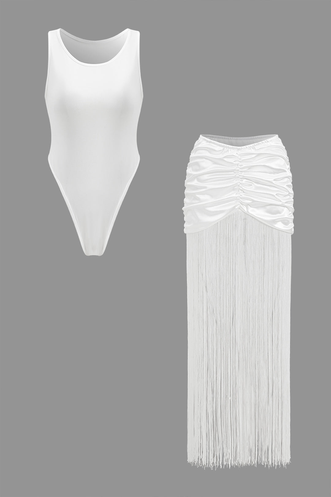 Sleeveless Bodysuit And Ruched Fringe Skirt Set