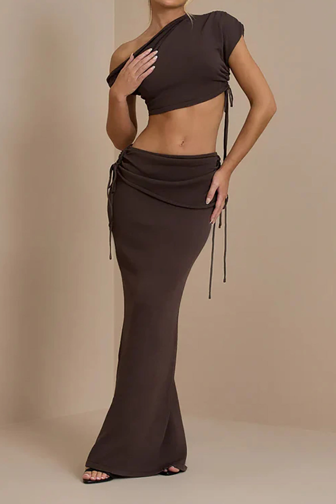 Asymmetrical Drawstring Short Sleeve Crop Top And Maxi Skirt Set