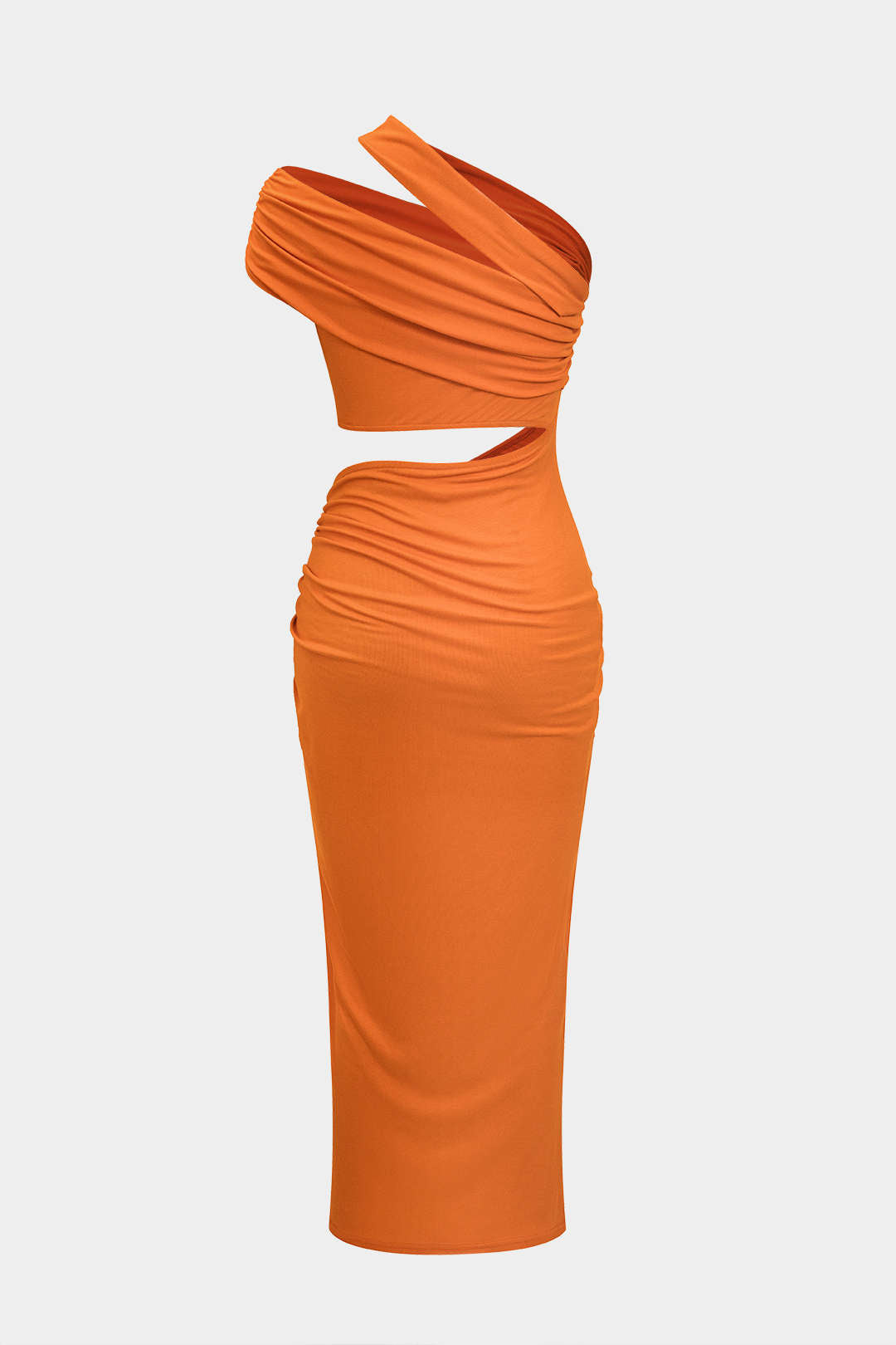 Ruched Asymmetrical Cut Out Slit Midi Dress