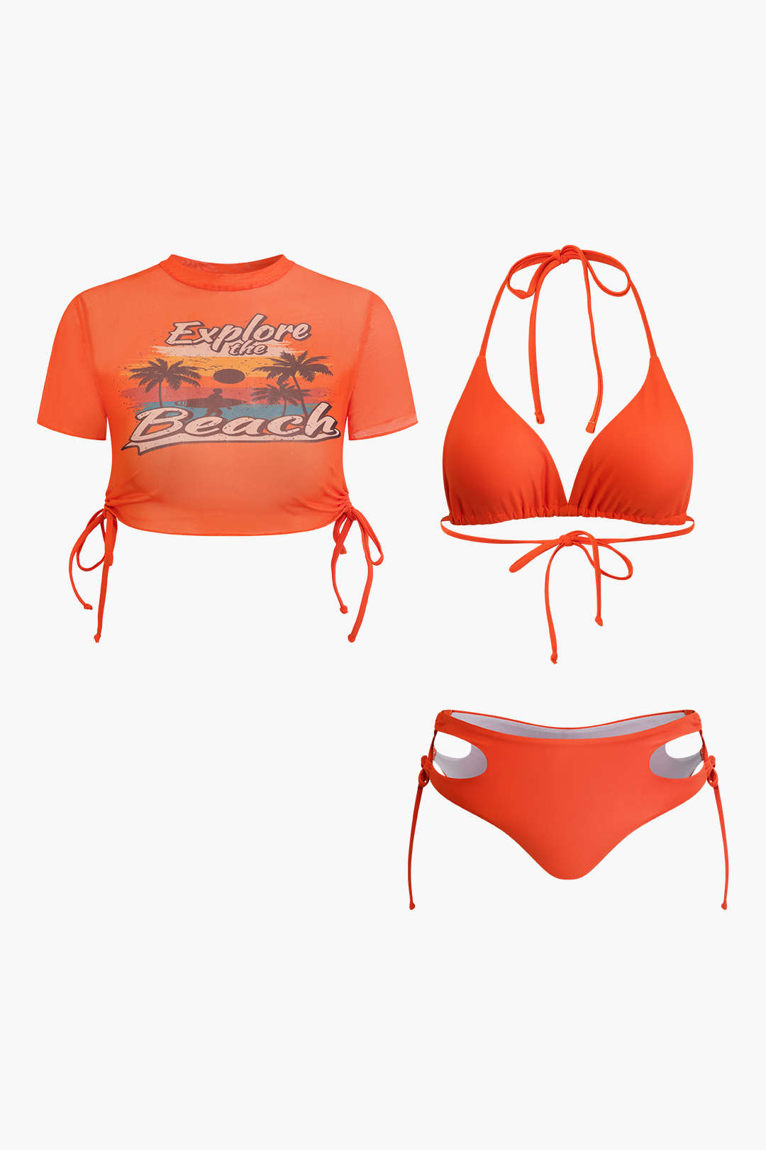 Print T-shirt And Tie Halter Bikini Set