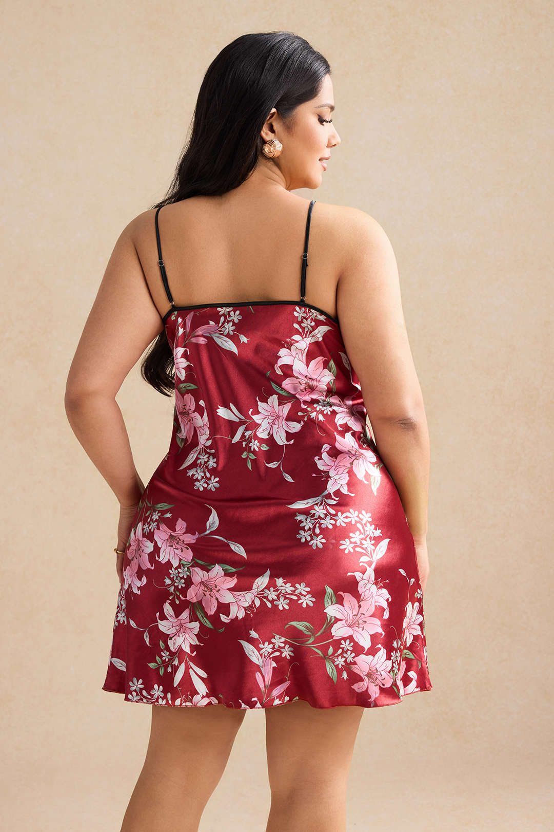 Plus Size Floral Print Satin Ruched Slip Night Dress