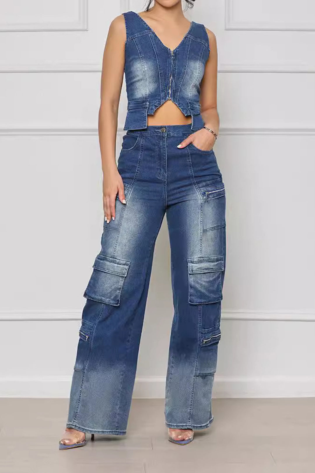 Denim Ruched Flap Pocket Zipper Top And Button Wide Leg Jeans Set