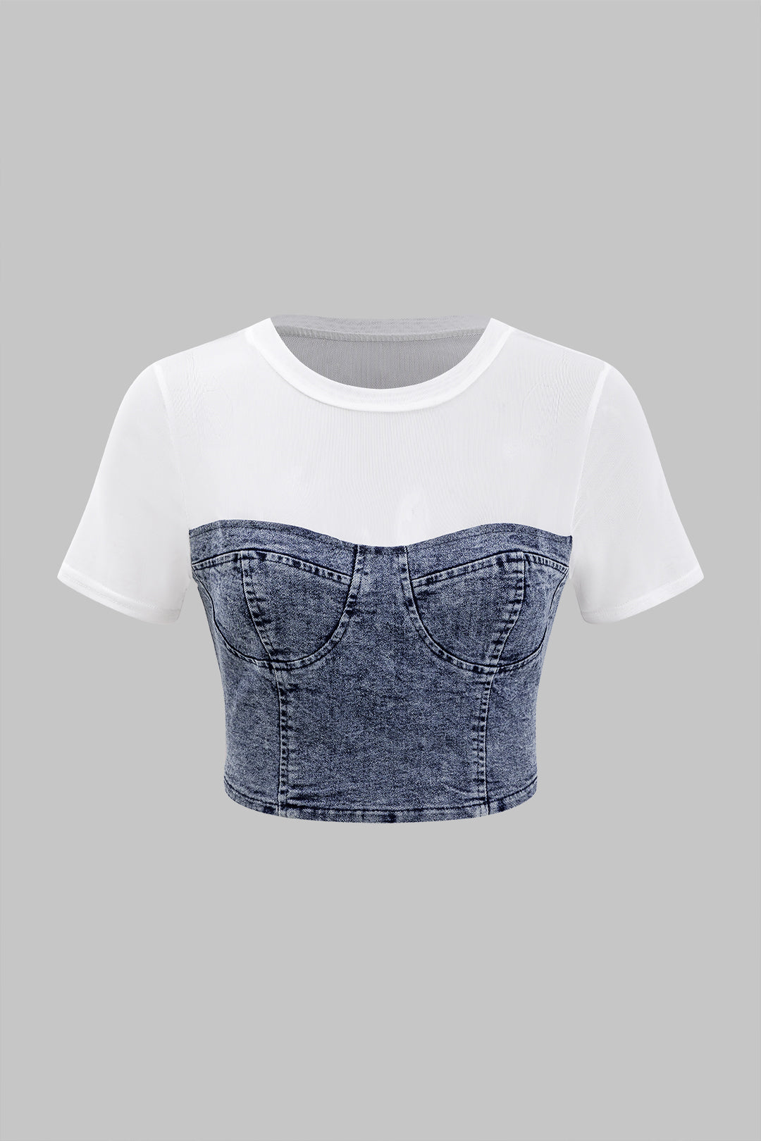 Contrast Print Mesh Denim Patchwork Short Sleeve T-Shirt