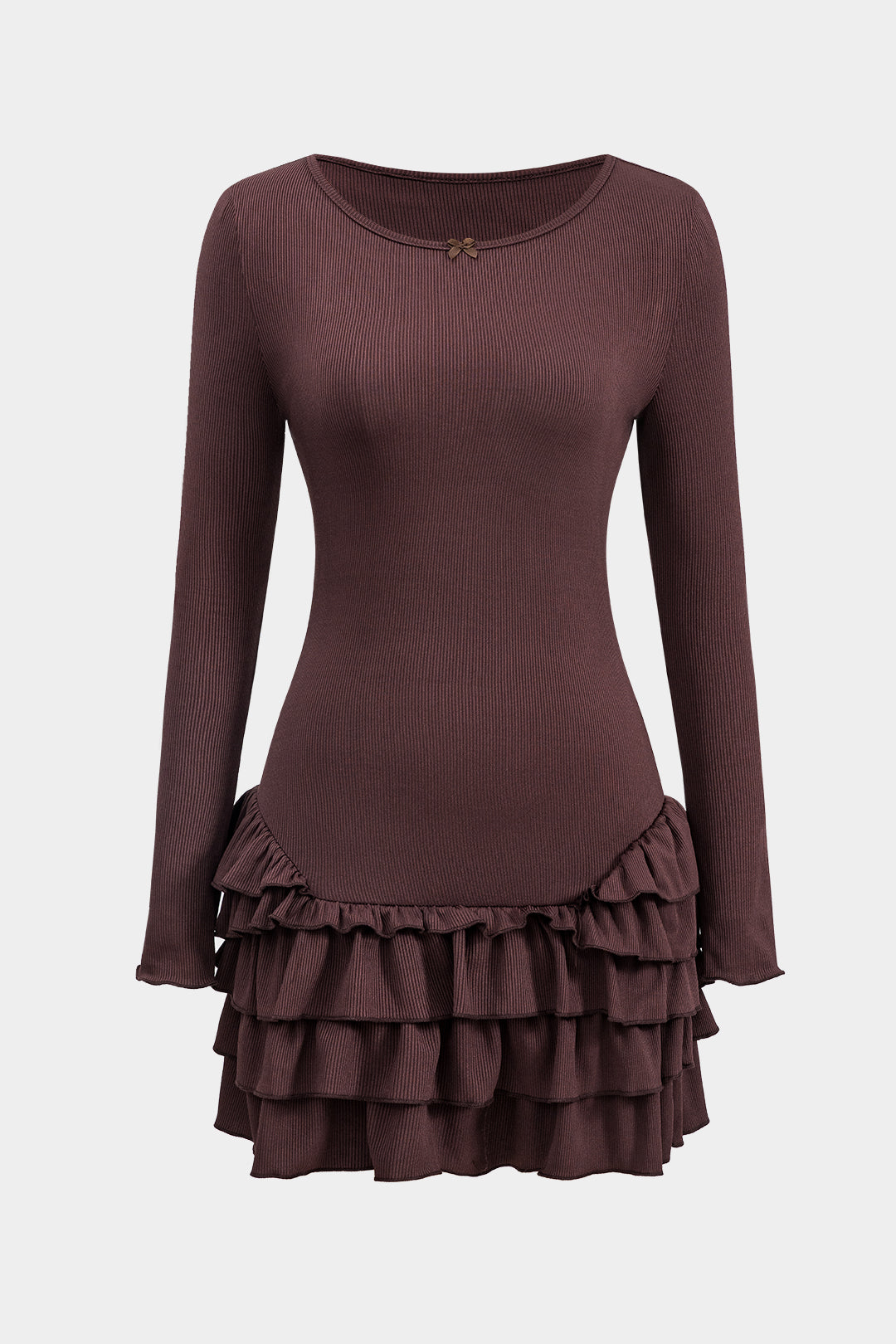 Ruffle Round Neck Long Sleeve Mini Dress