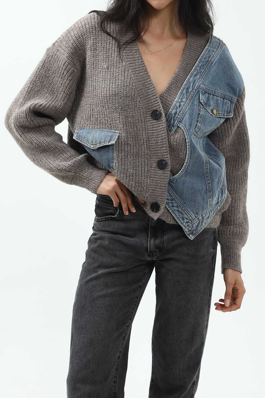 Patchwork Denim Knit Color Block Button Asymmetrical Pocket Cardigan