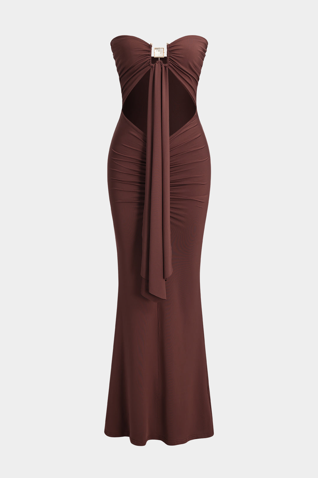 Metallic Decor Ruched Cut Out Strapless Maxi Dress