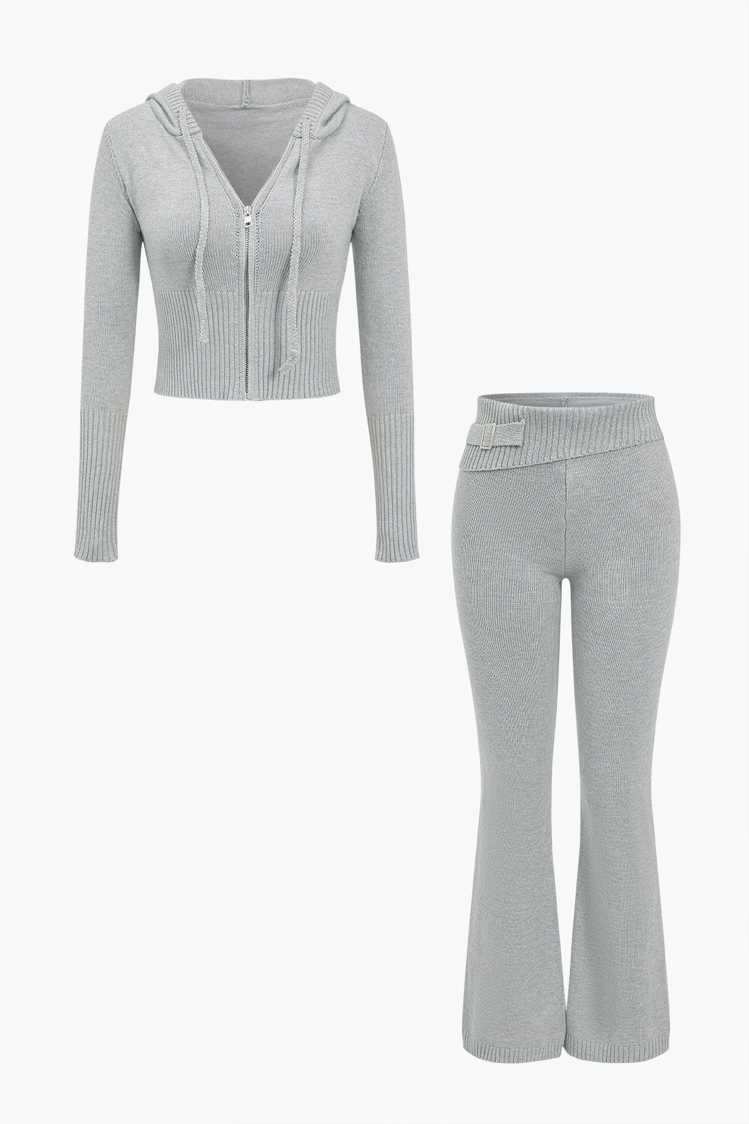 Solid Knit Hooded Top And Asymmetrical Pants Set