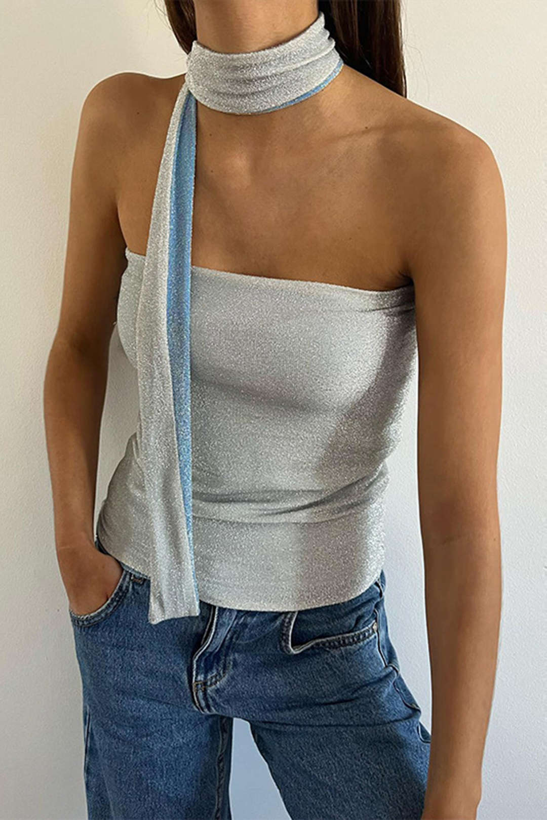 Patchwork Cropped Tube Top With Scarf