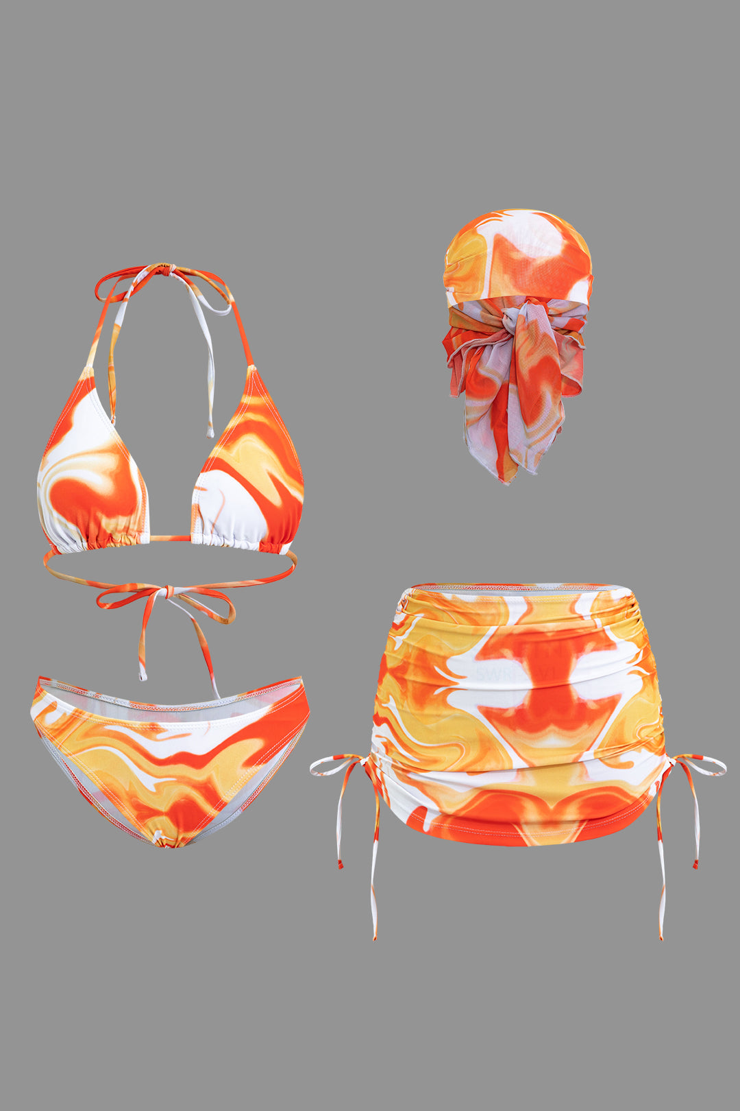 Ombre Print Tie Dye Headbands Mesh Ruched Tie Back Bikini And Tie Knot Cover Up Set