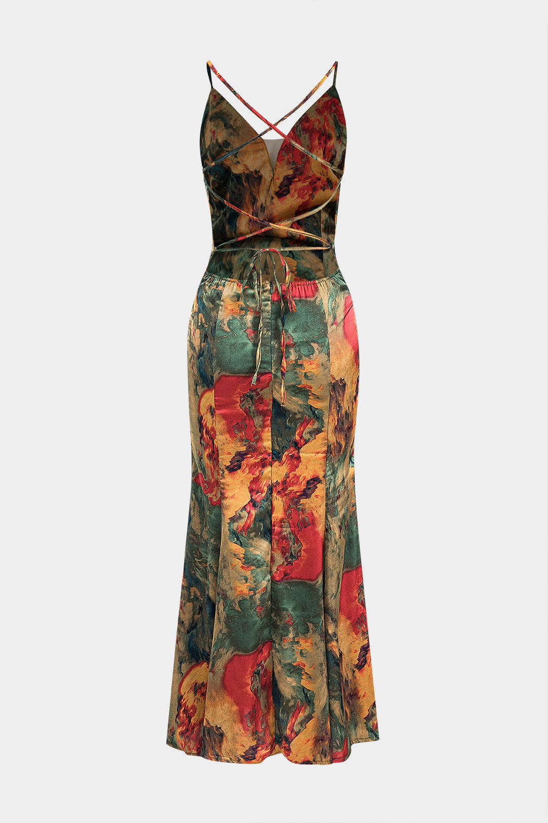 Watercolor Print Satin Backless Tie Back Slip Maxi Dress