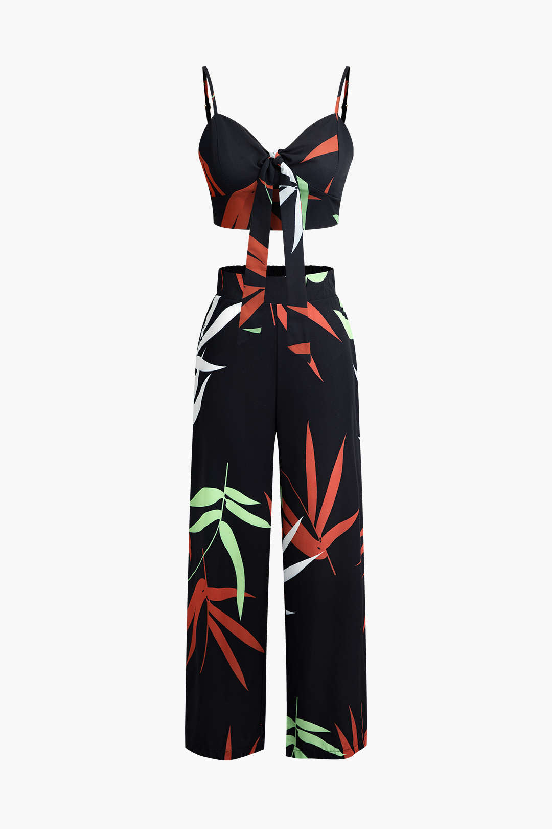 Bamboo Leaf Print Knot Cami Top And Pants Set