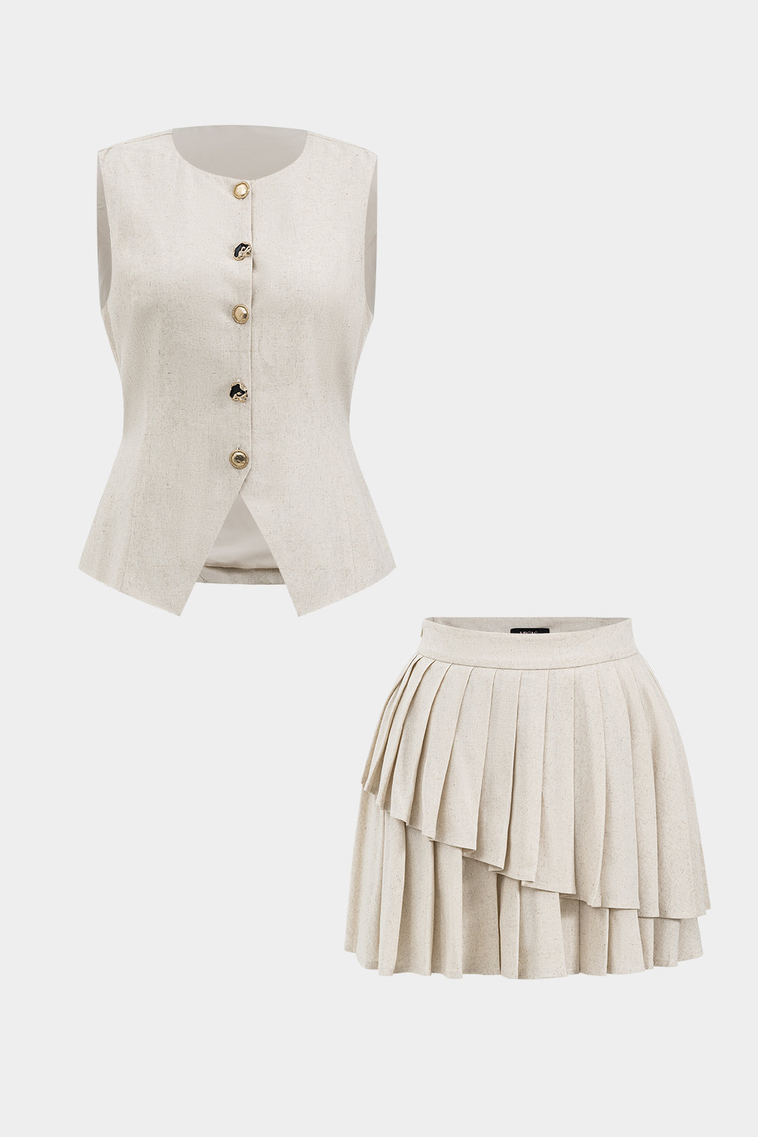 Linen Pleated Button Tie Back Top And Skirt Set