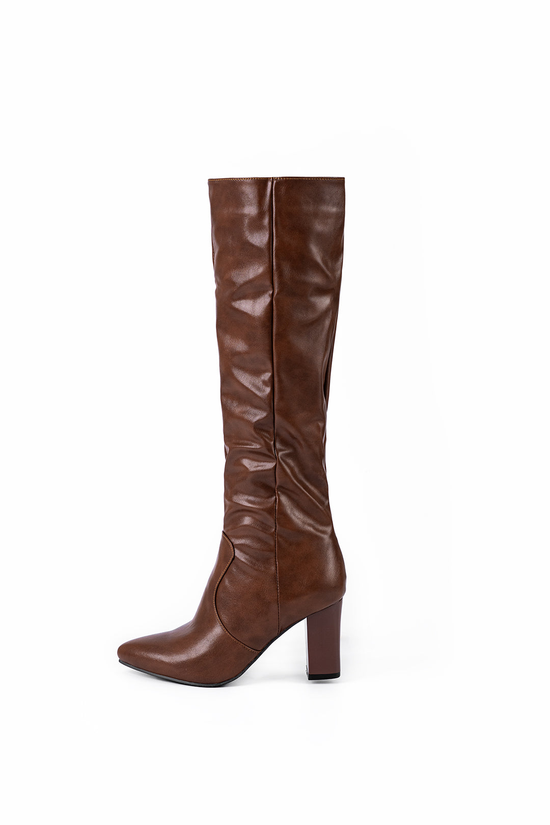 Faux Leather Side Zipper Pointed Knee High Boots