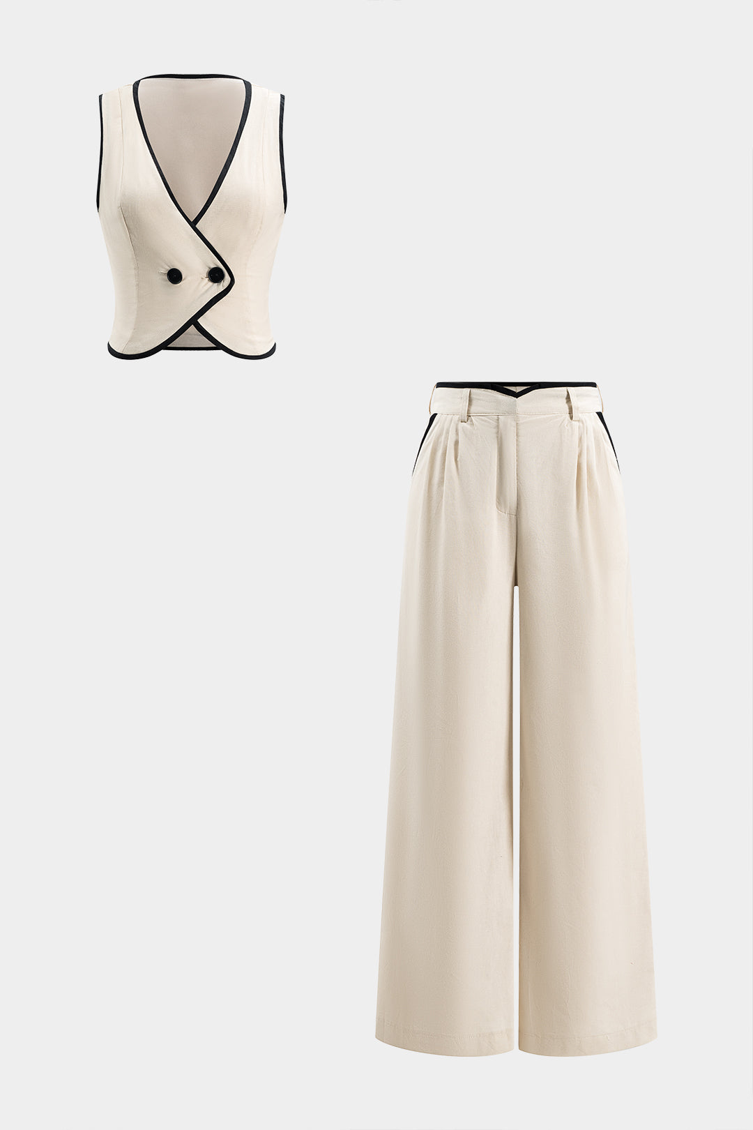 Contrast Crossed Button Tank Top And Pleated Wide Leg Trousers Set