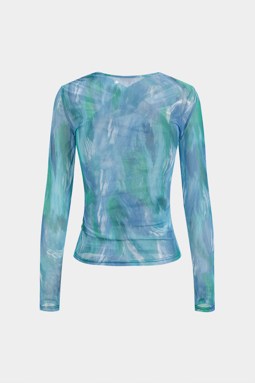 Watercolor Print Mesh Ruched Crossed Long-Sleeve Top