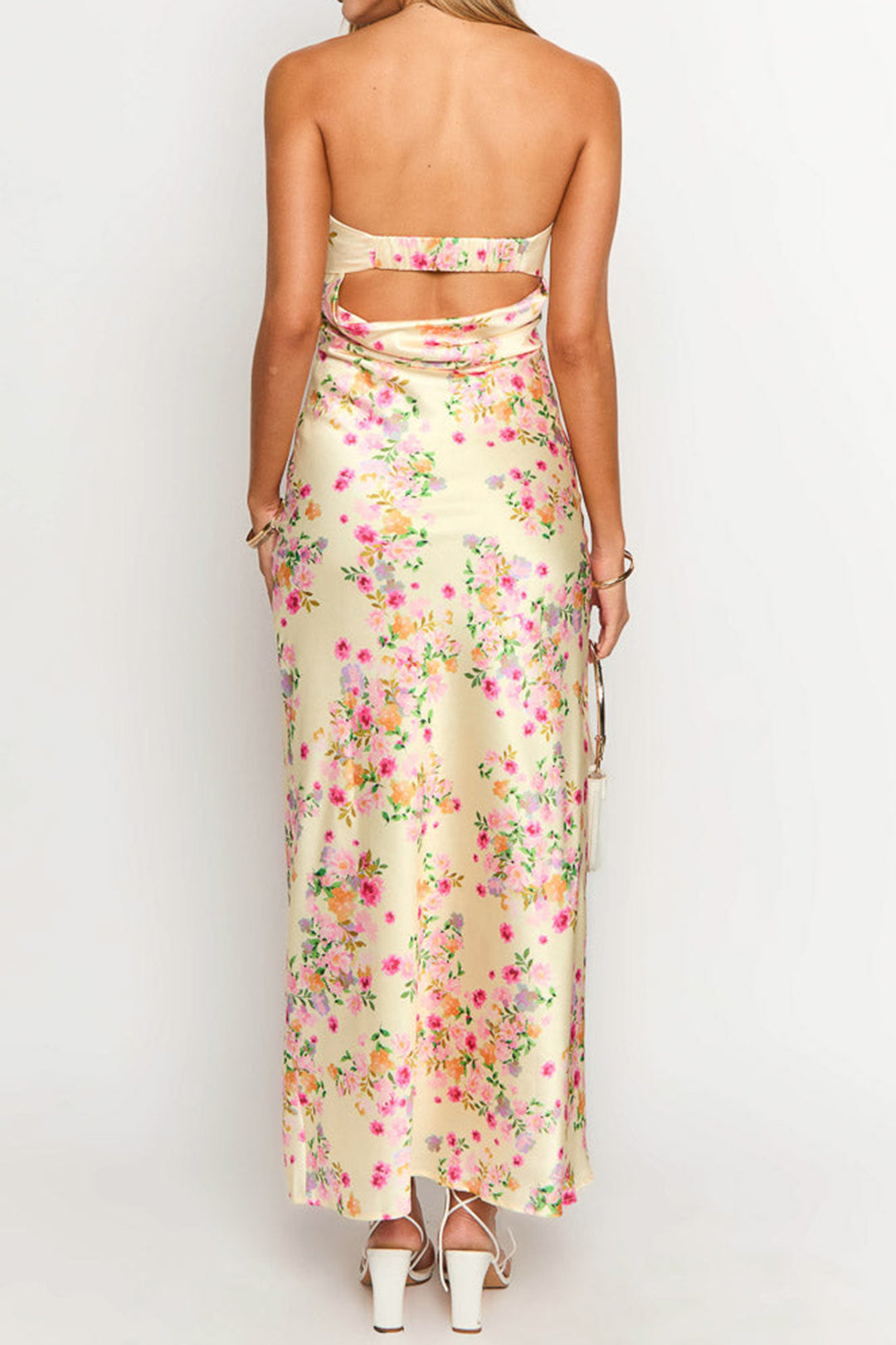 Floral Print Satin Backless Strapless Midi Dress