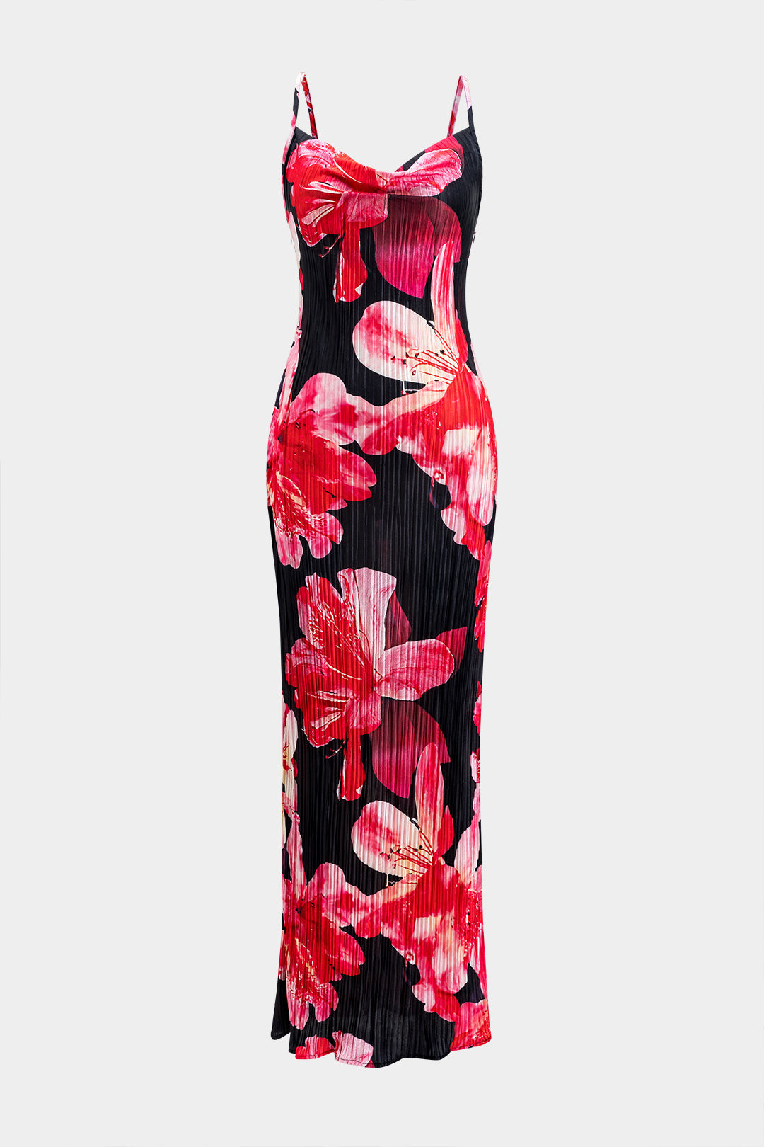 Floral Print Satin Pleated Slip Maxi Dress