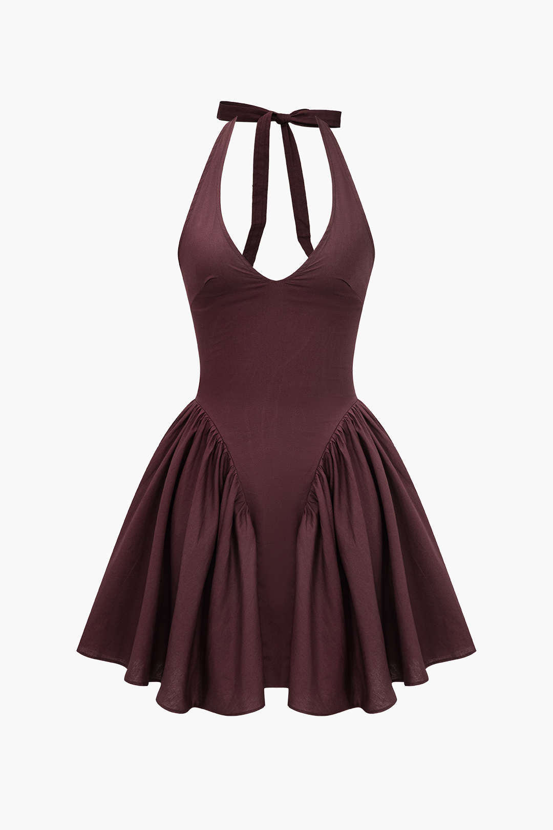 Solid Halter V-neck Ruched Mini Dress