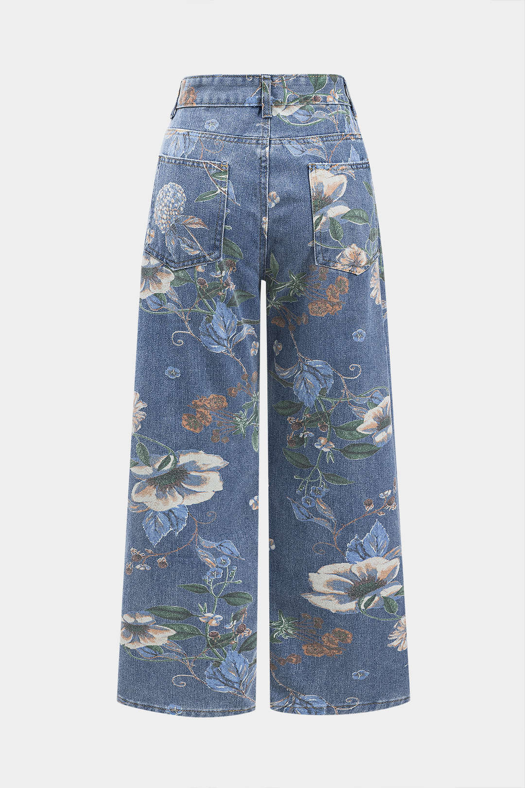 Retro Floral Print Denim Button Pocket Wide Leg Jeans