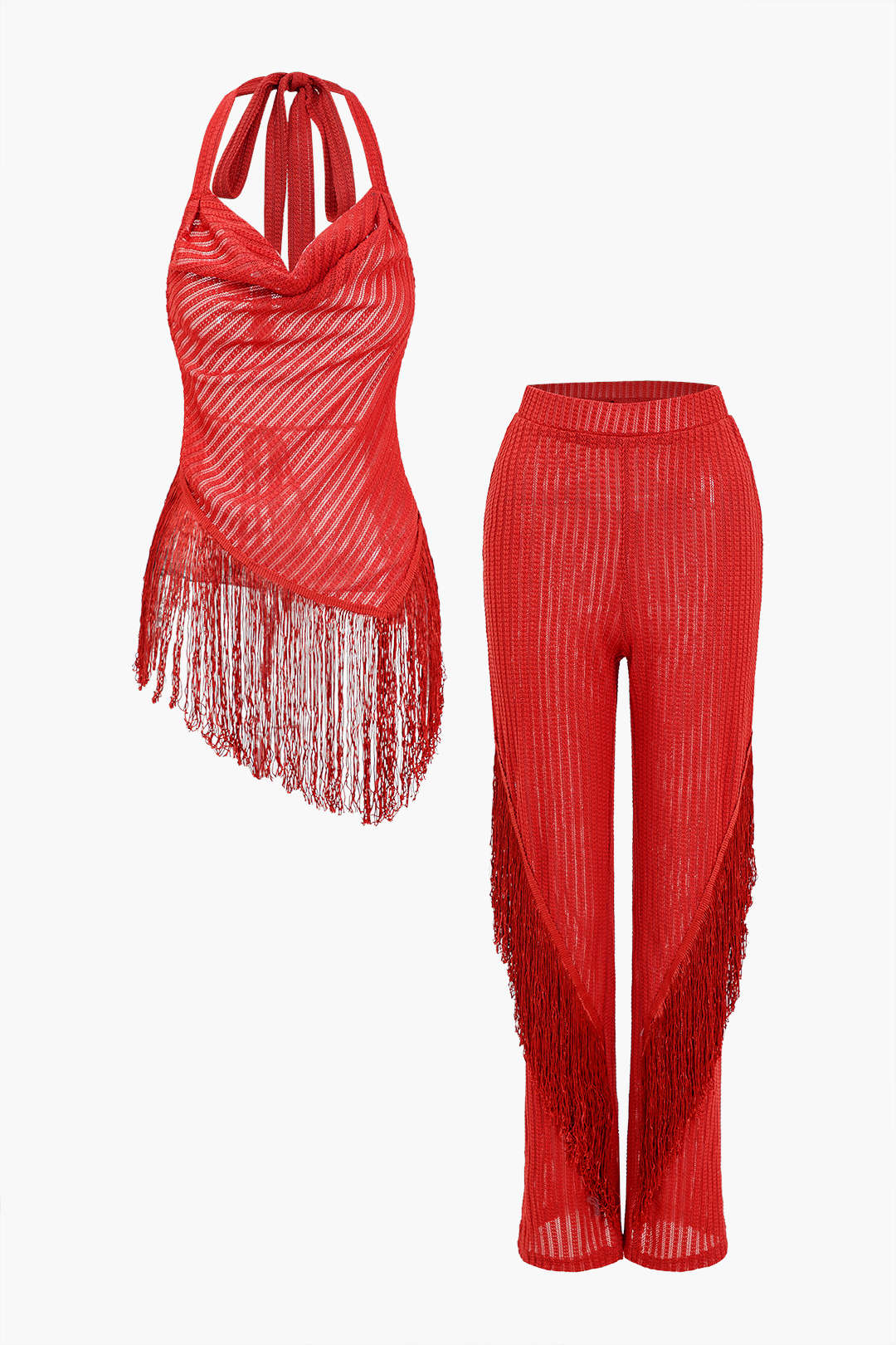 Solid Fringe Backless Asymmetrical Trouser Set