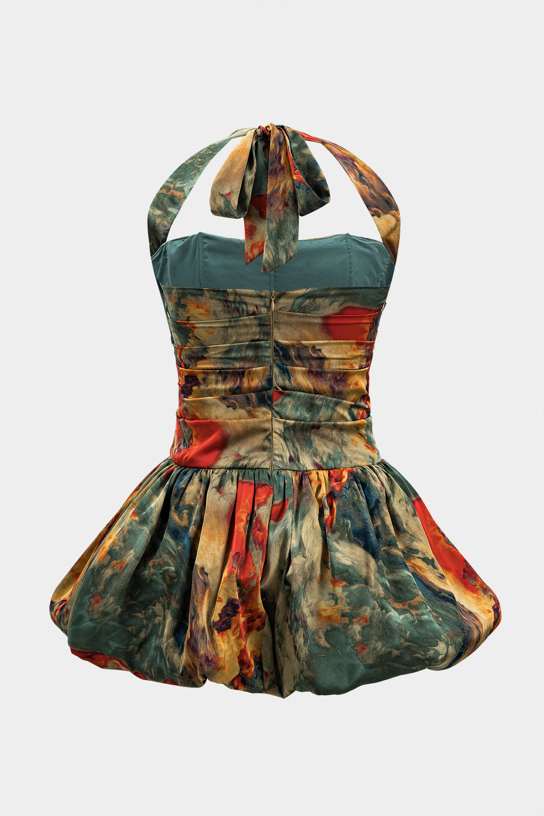 Watercolor Print Satin Ruched Backless Zipper Tie Up Mini Dress