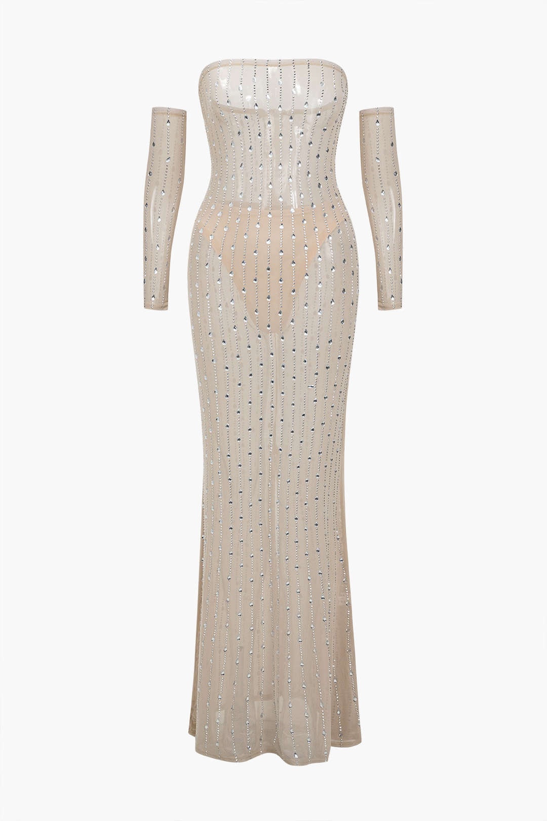 Mesh Zipper Rhinestone Maxi Dress With Gloves