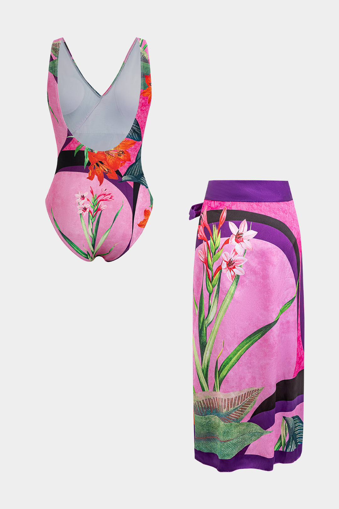 Floral Print Satin Ruched Crossed Backless Tummy Control Swimwear And Tie Knot Cover Up Set