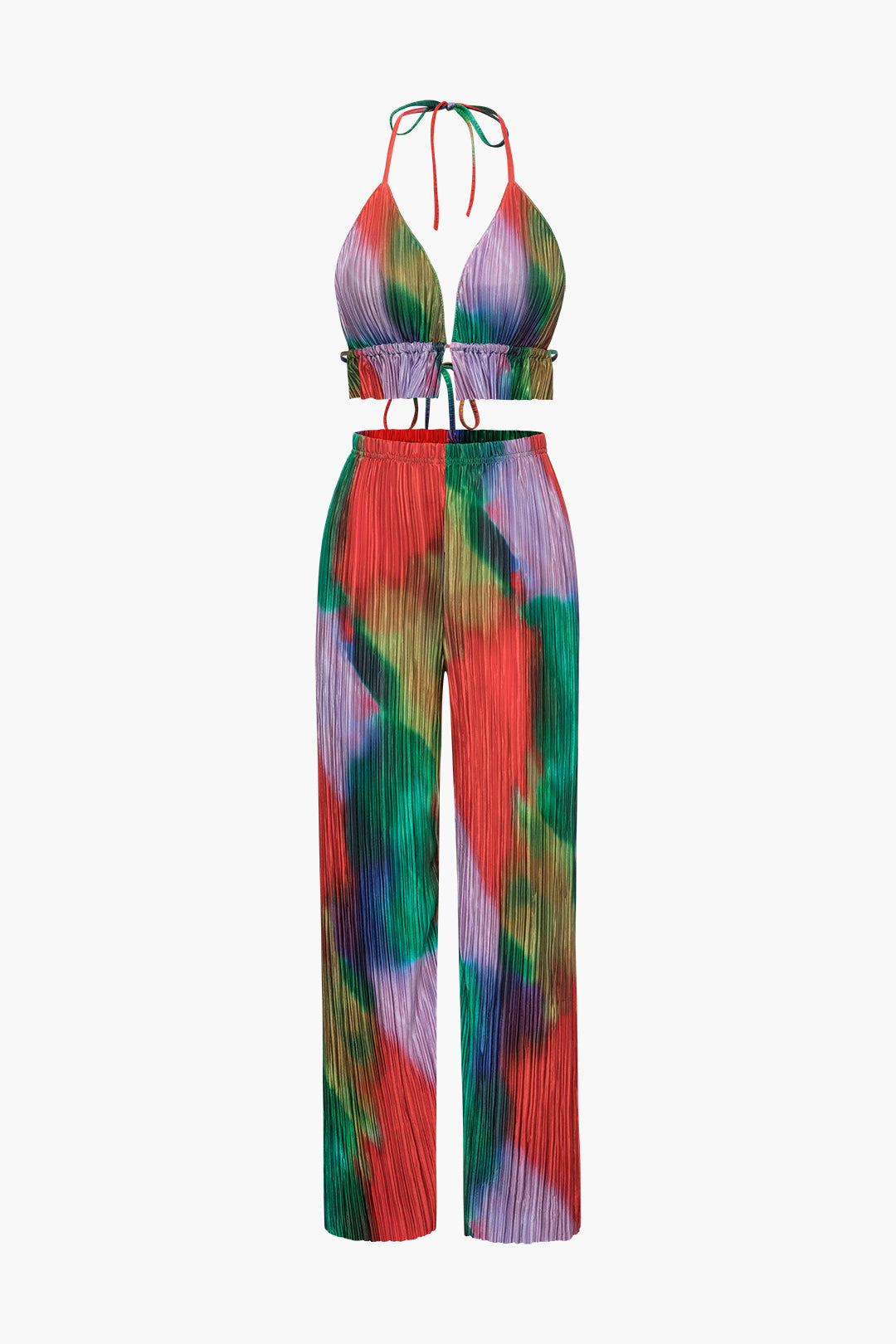 Tie Dye Plisse Halter Top And Pants Set