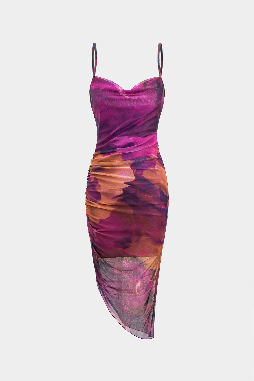 Tie Dye Print Mesh Ruched Backless Tie Back Slip Maxi Dress