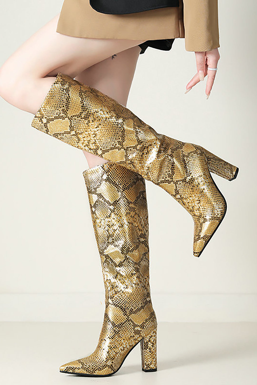 Snake Pattern Faux Leather Pointed Toe Knee High Boots