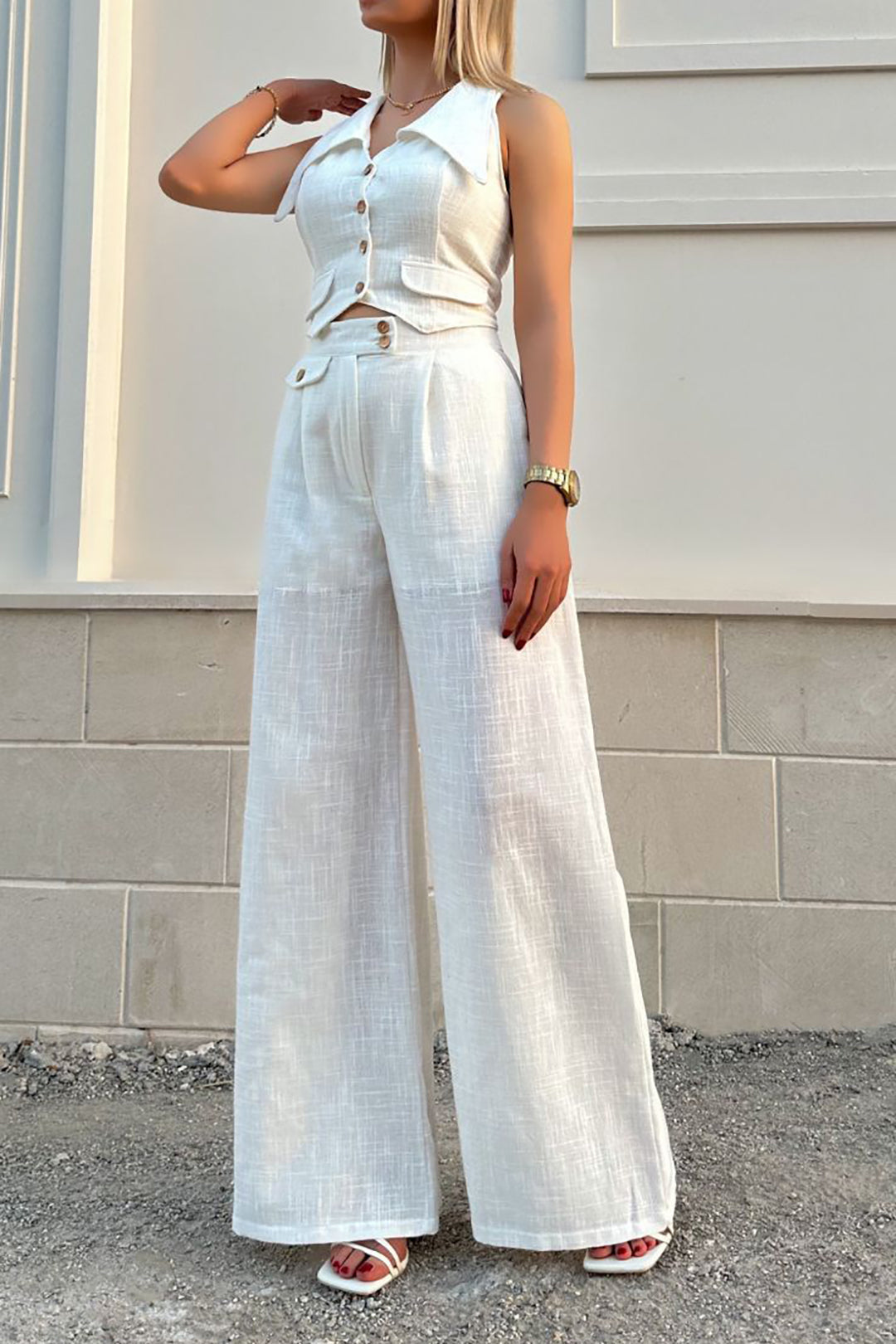 Linen Button Pocket Sleeveless Tank Top And Trousers Set