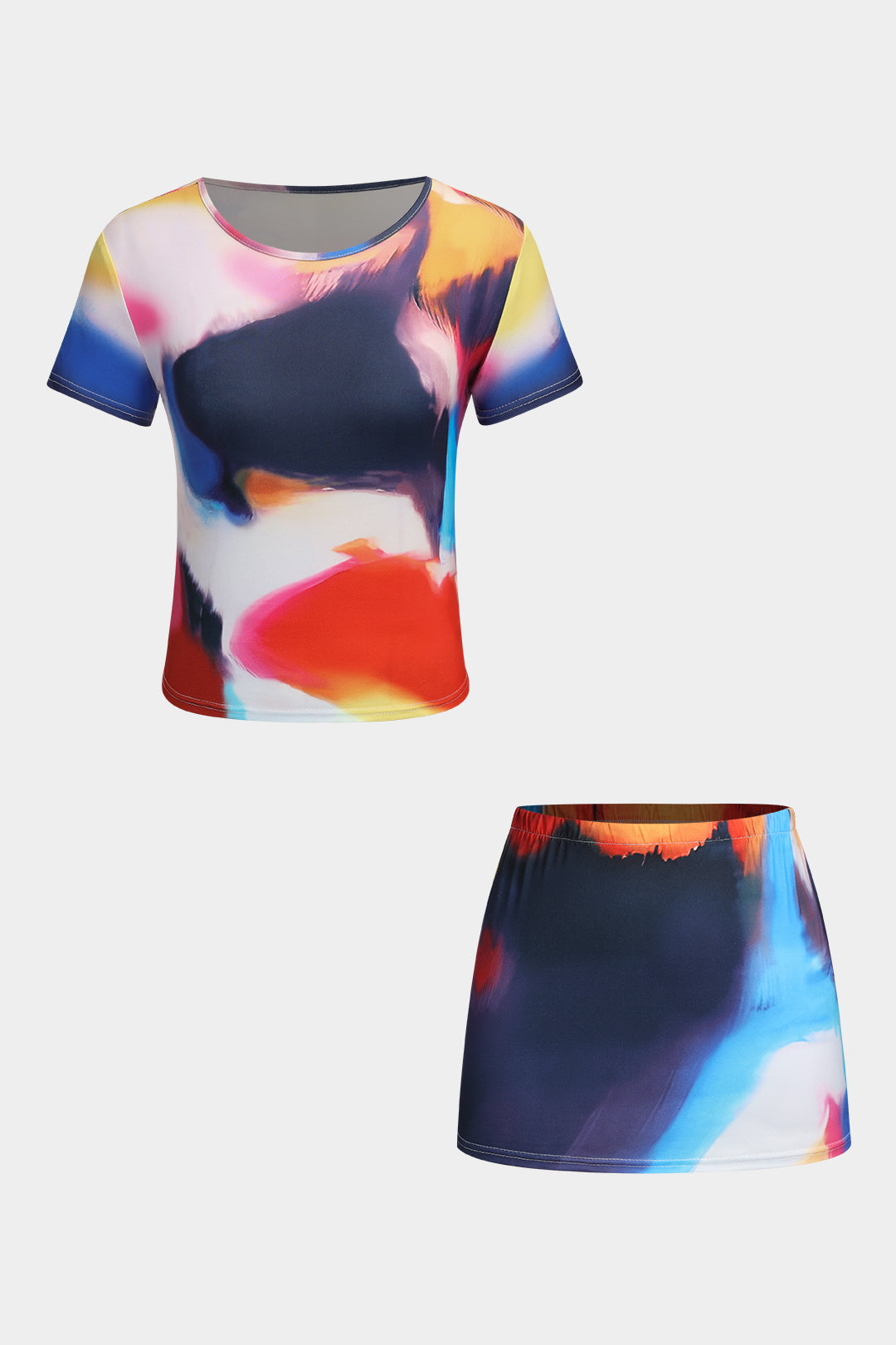 Tie Dye Print Short Sleeve T-Shirt And Ruched Skirt Set