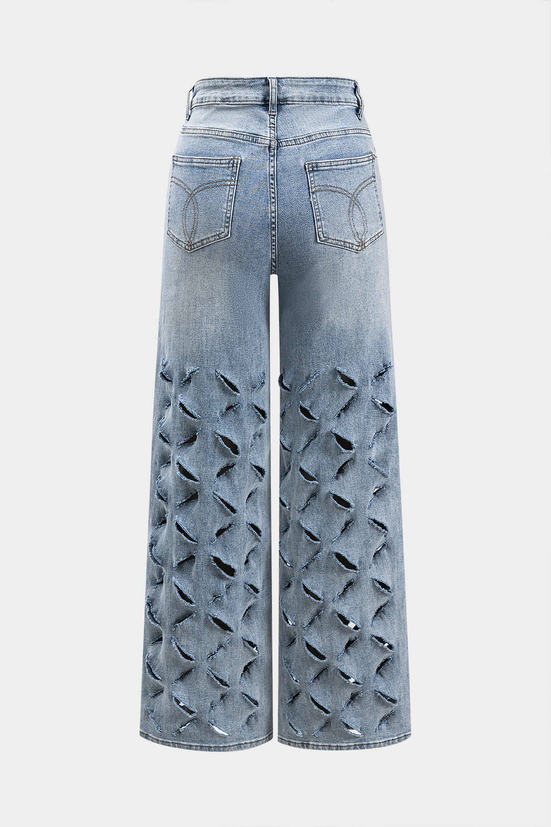 Ripped Cut Out Button Pocket Wide Leg Jeans