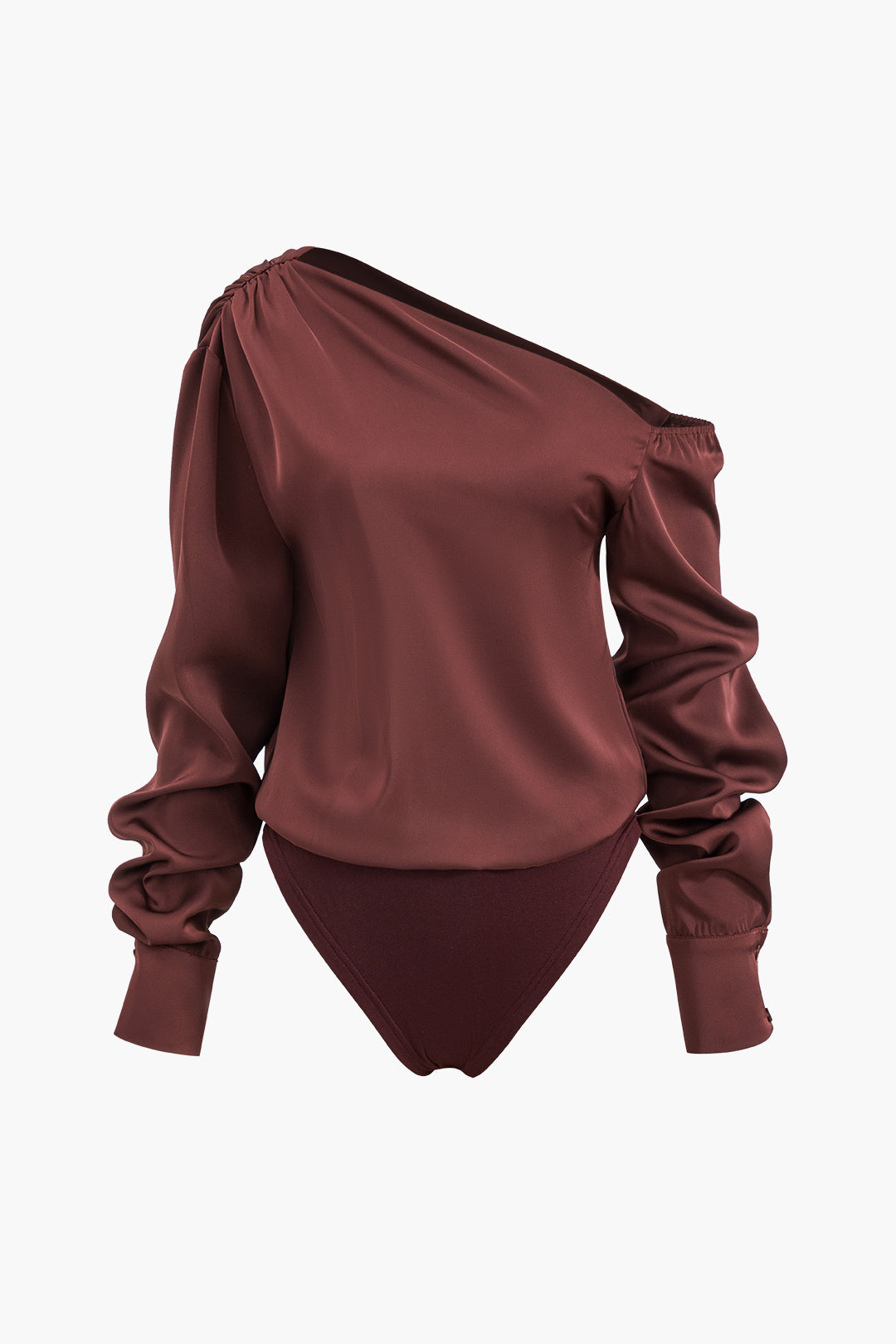 Satin Asymmetrical Long Sleeve Ruched Bodysuit