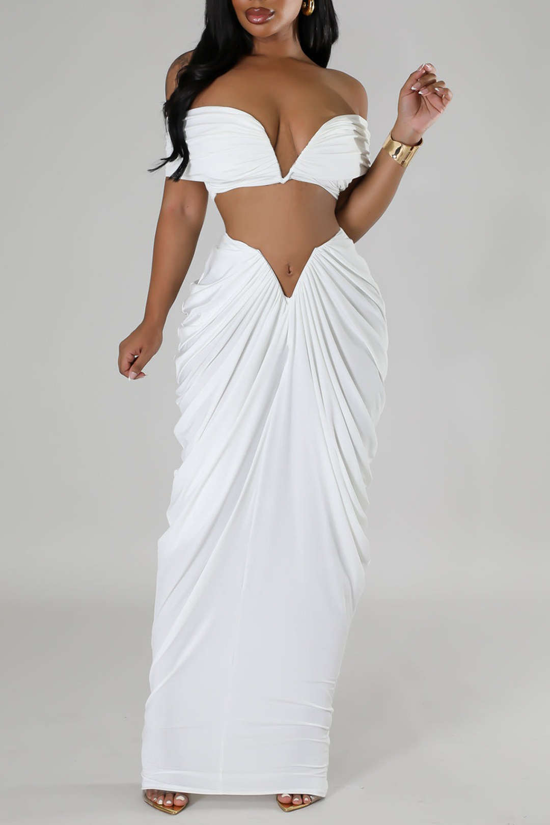 V-neck Ruched Top And V-shape Cut Waist Maxi Skirt Set