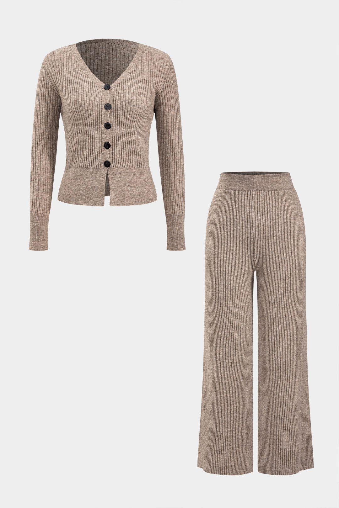 Knit Button V-Neck Long Sleeve Top And Trousers Set