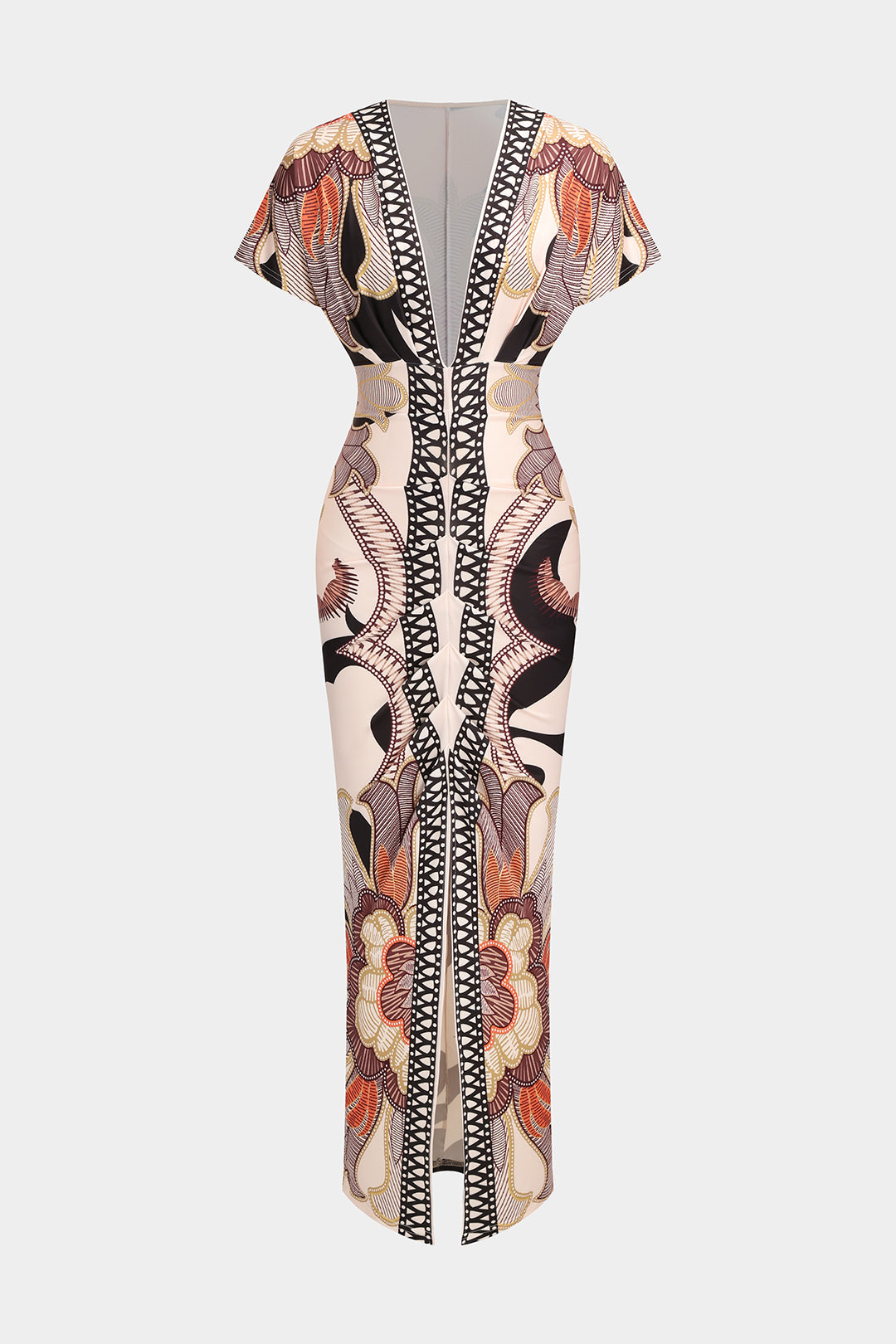 Geometric Leaves Print Ruched Short Sleeve Slit Midi Dress