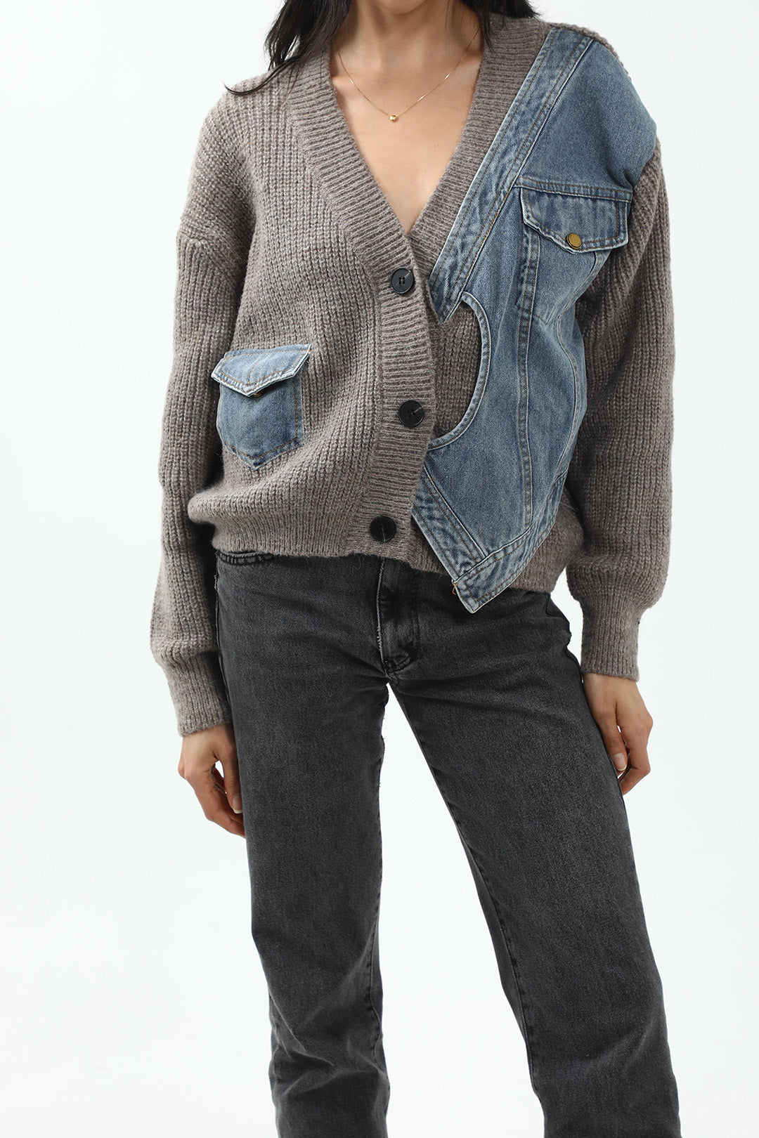 Patchwork Denim Knit Color Block Button Asymmetrical Pocket Cardigan