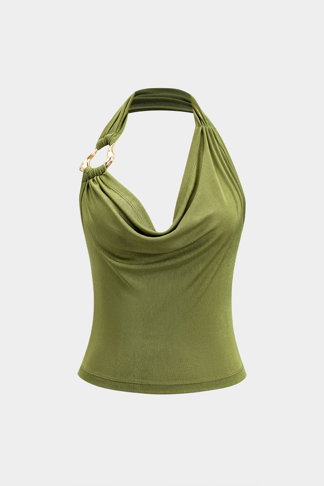 Metallic Ruched Backless Cowl Neck Tank Top