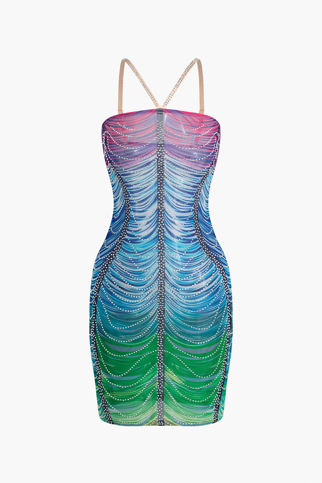 Rainbow Striped Rhinestone Bodycon Mini Dress