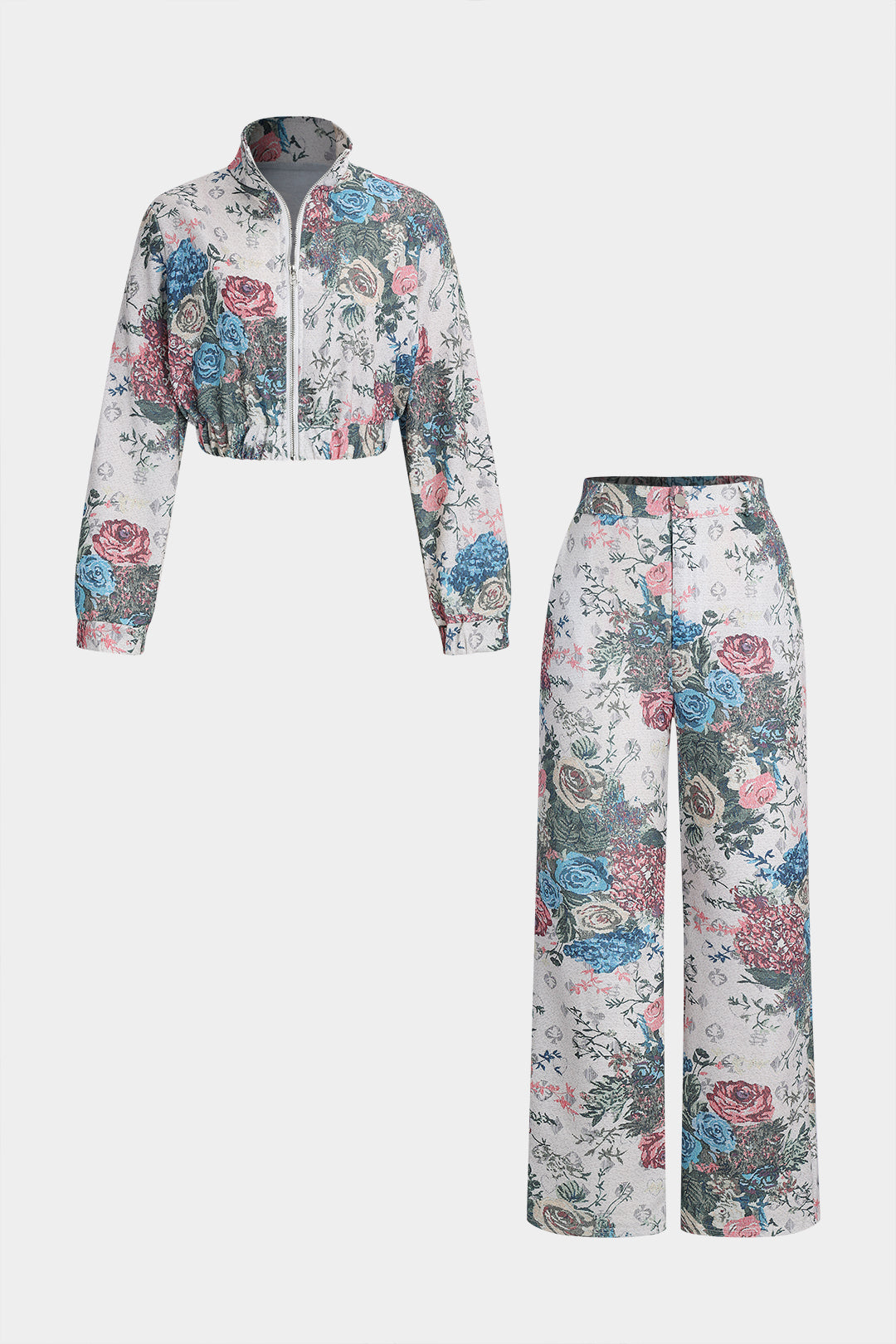 Floral Print Zipper Stand Collar Top And Trousers Set