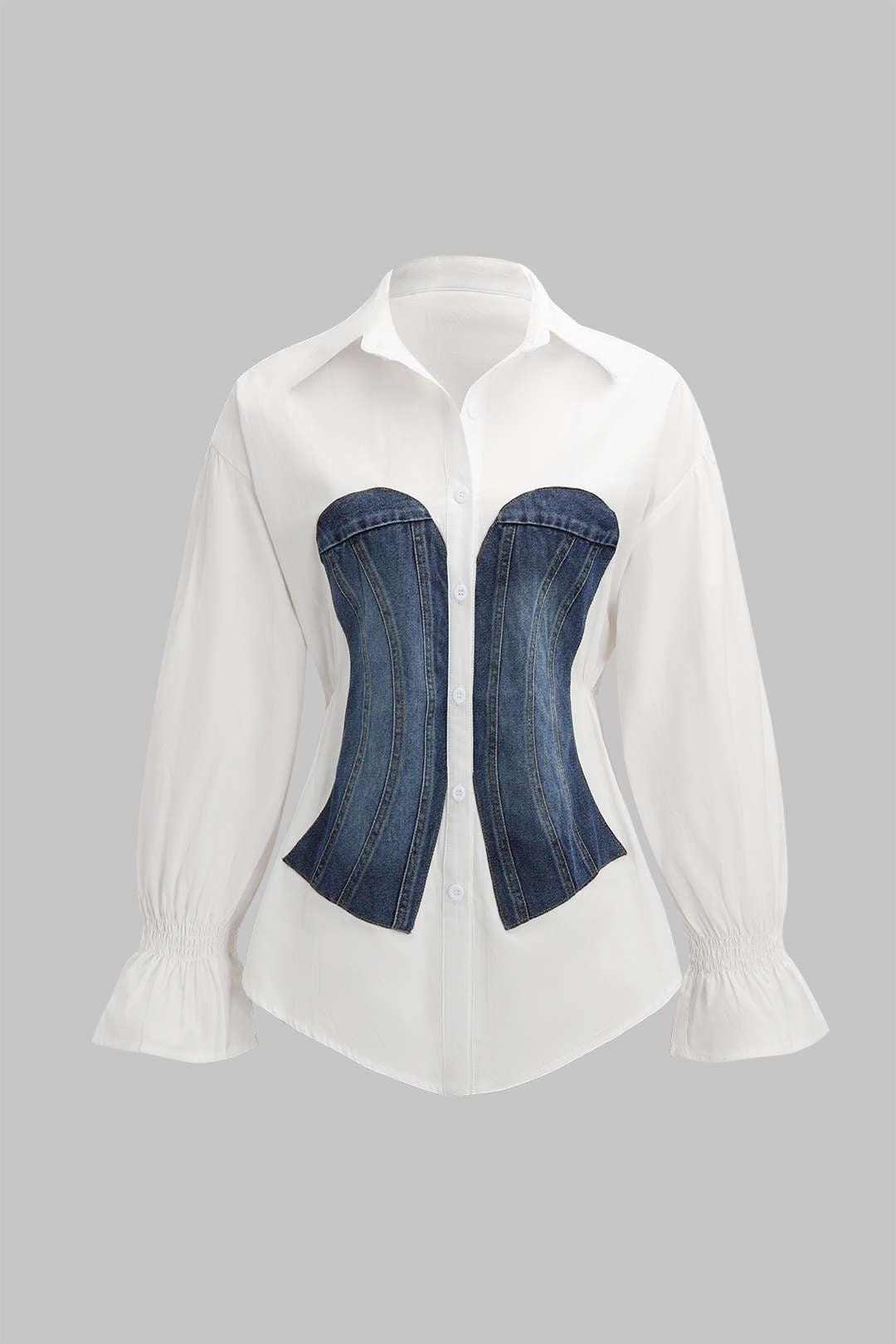 Denim Patchwork Corset Waist Long-Sleeve Shirt