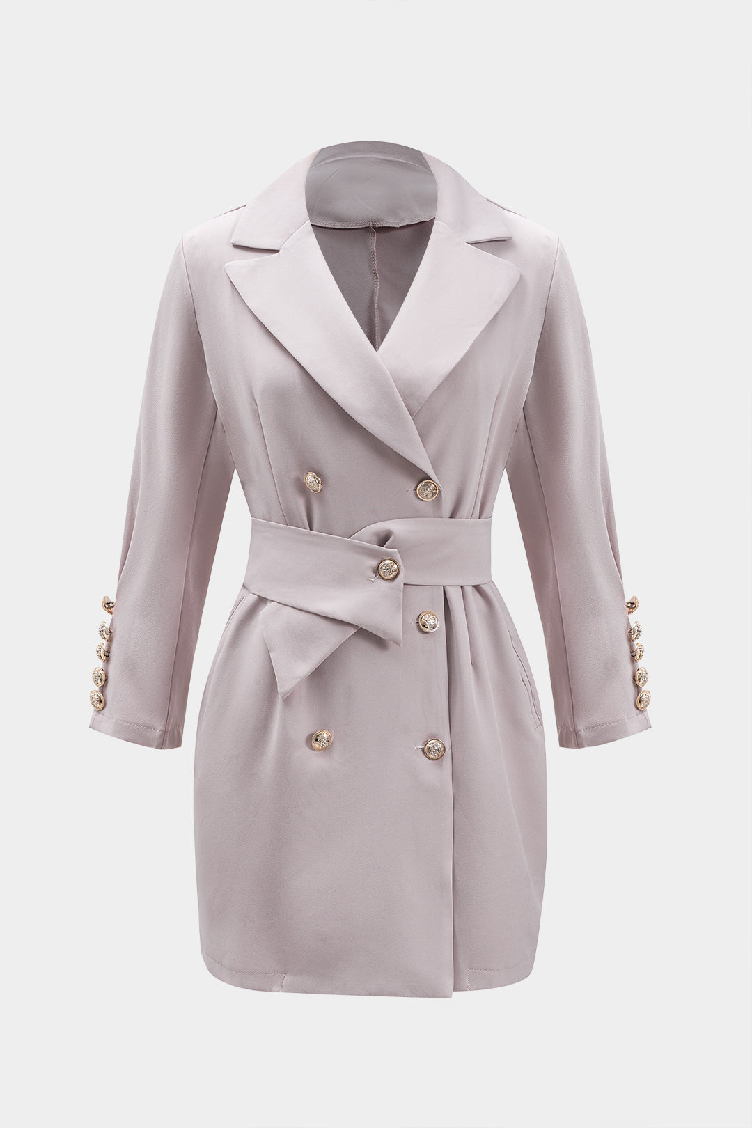 Pleated Belted Button Long Sleeve Notched Lapel Blazer