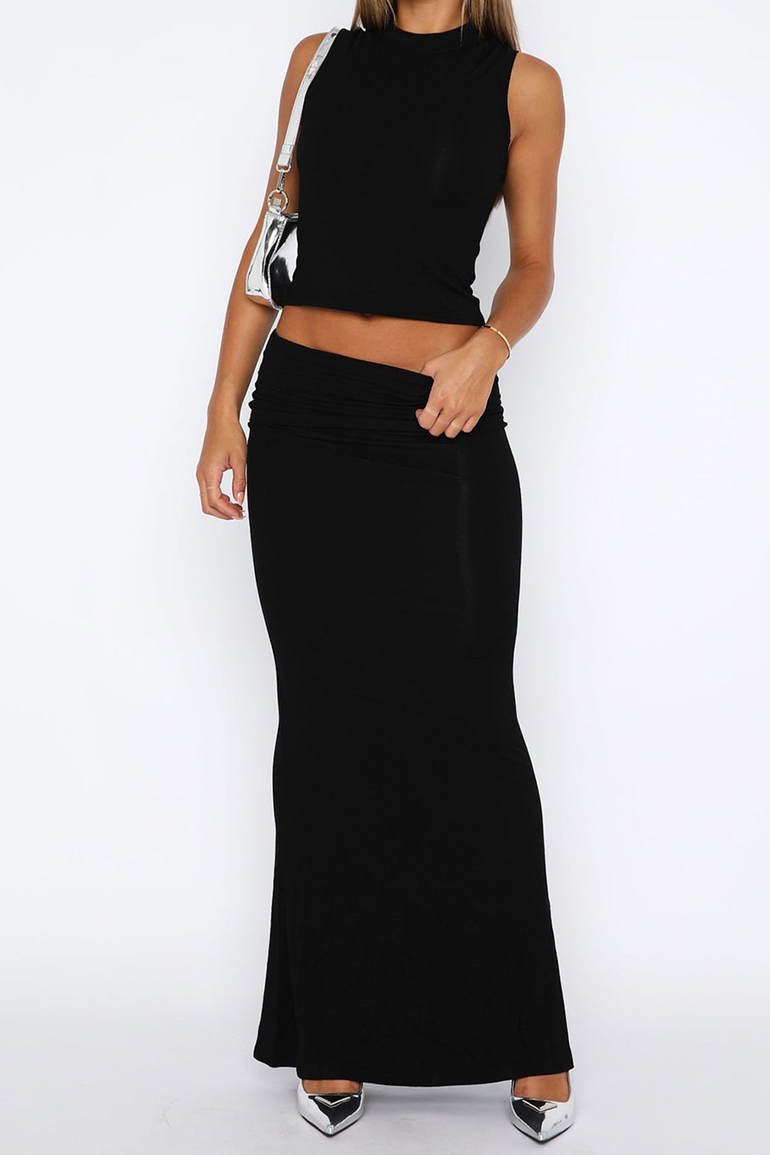 Solid Tank Top And Mermaid Maxi Skirt Set