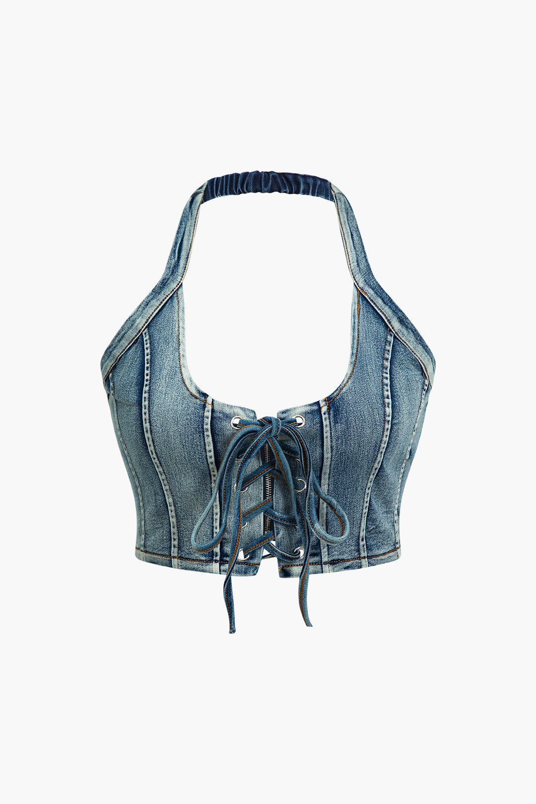 Denim Tie Up Halter And Mini Skirt Set