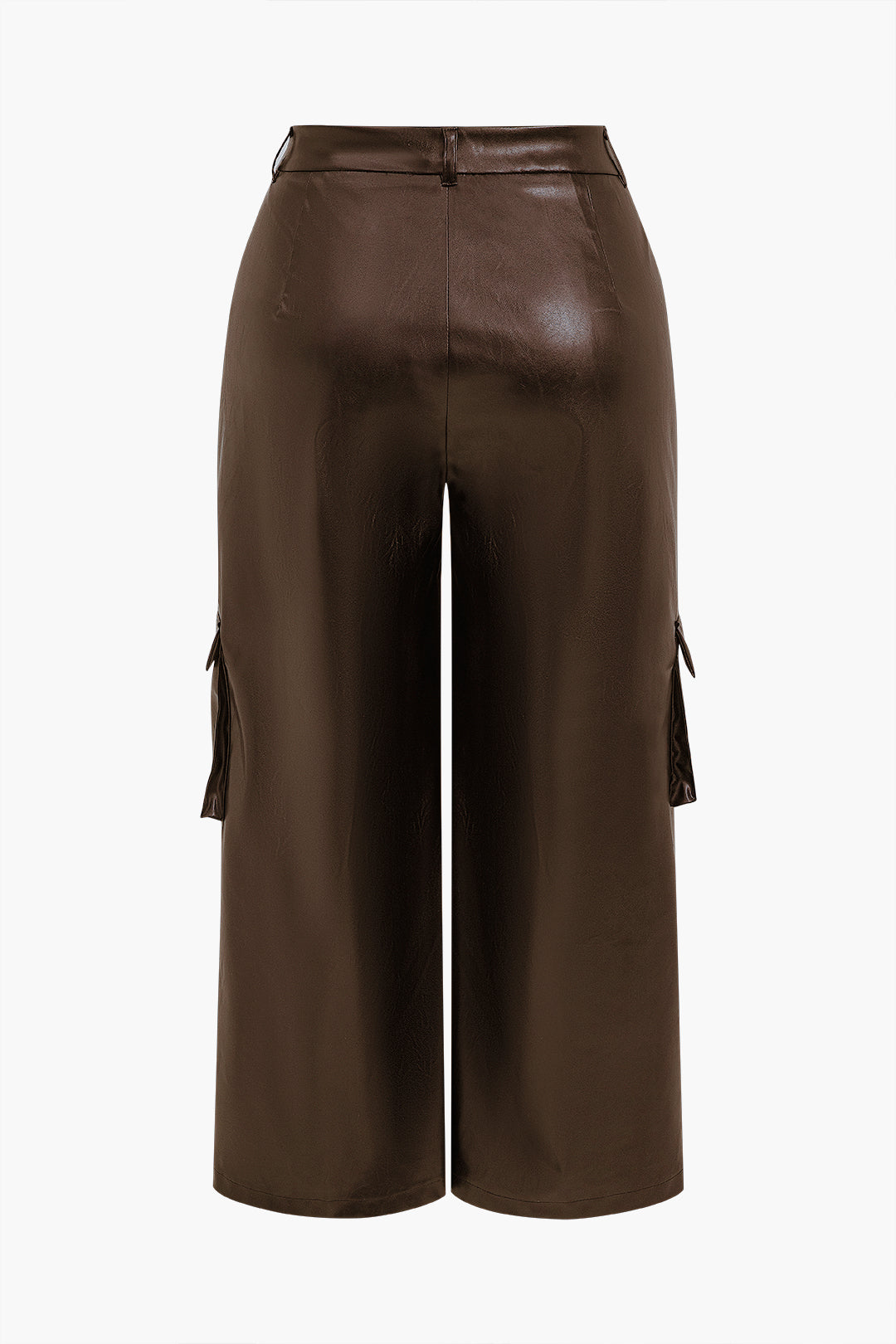 Plus Size Solid Faux Leather Wide Leg Pants Pocket Trousers