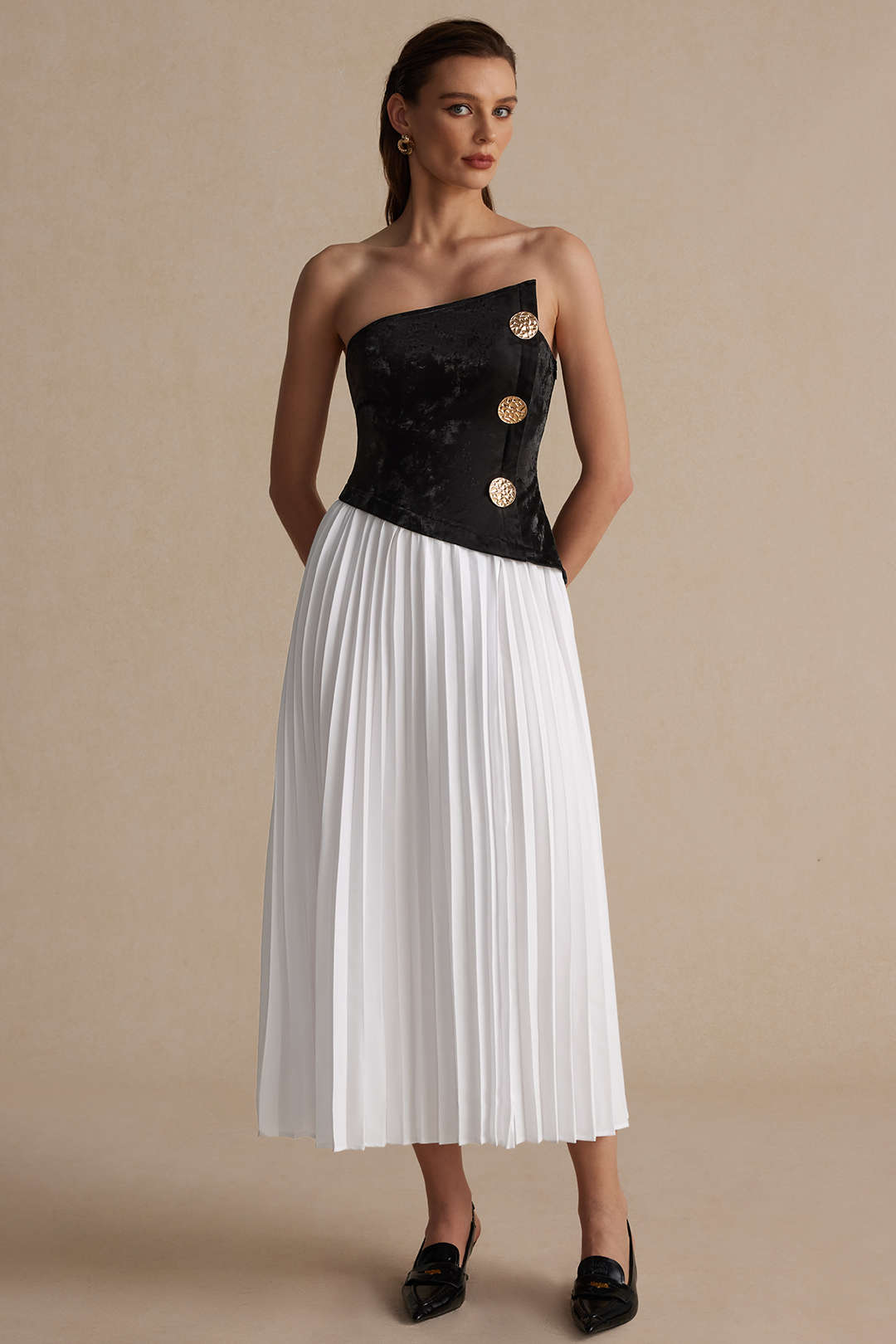 Solid Patchwork Pleated Asymmetrical Maxi Dress