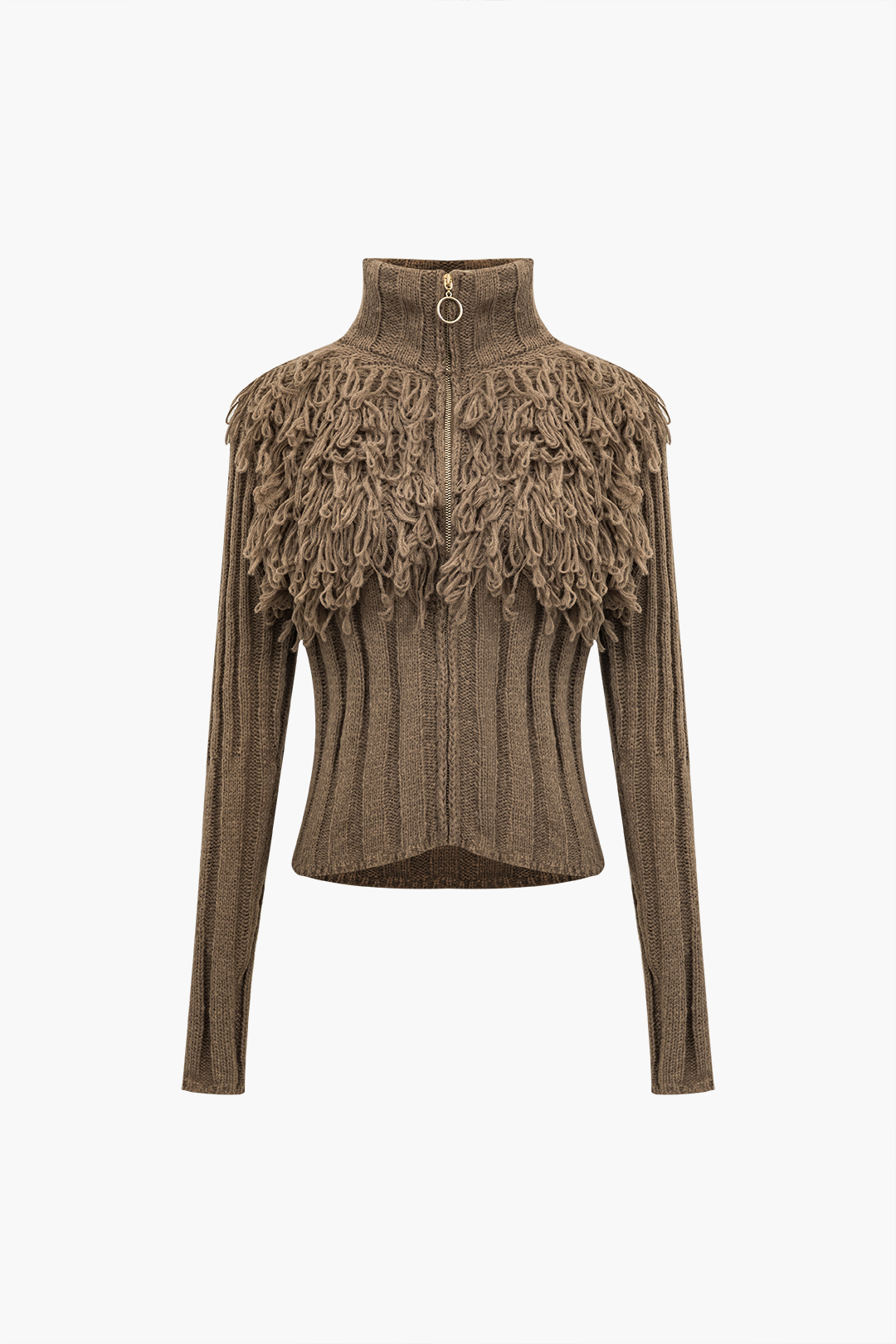 Solid Sweater Fringe Zipper Long-Sleeve Top